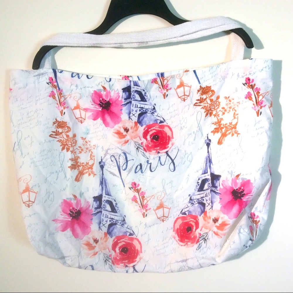 Paris Tote Bag Pink Flowers Blue Eiffel Tower White Lightweight Canvas Floral
